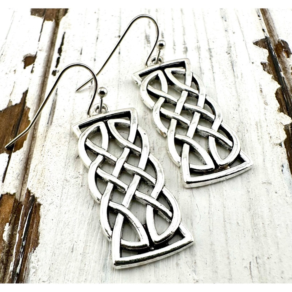 Silver Tone Celtic Knot Wide Bar Earrings